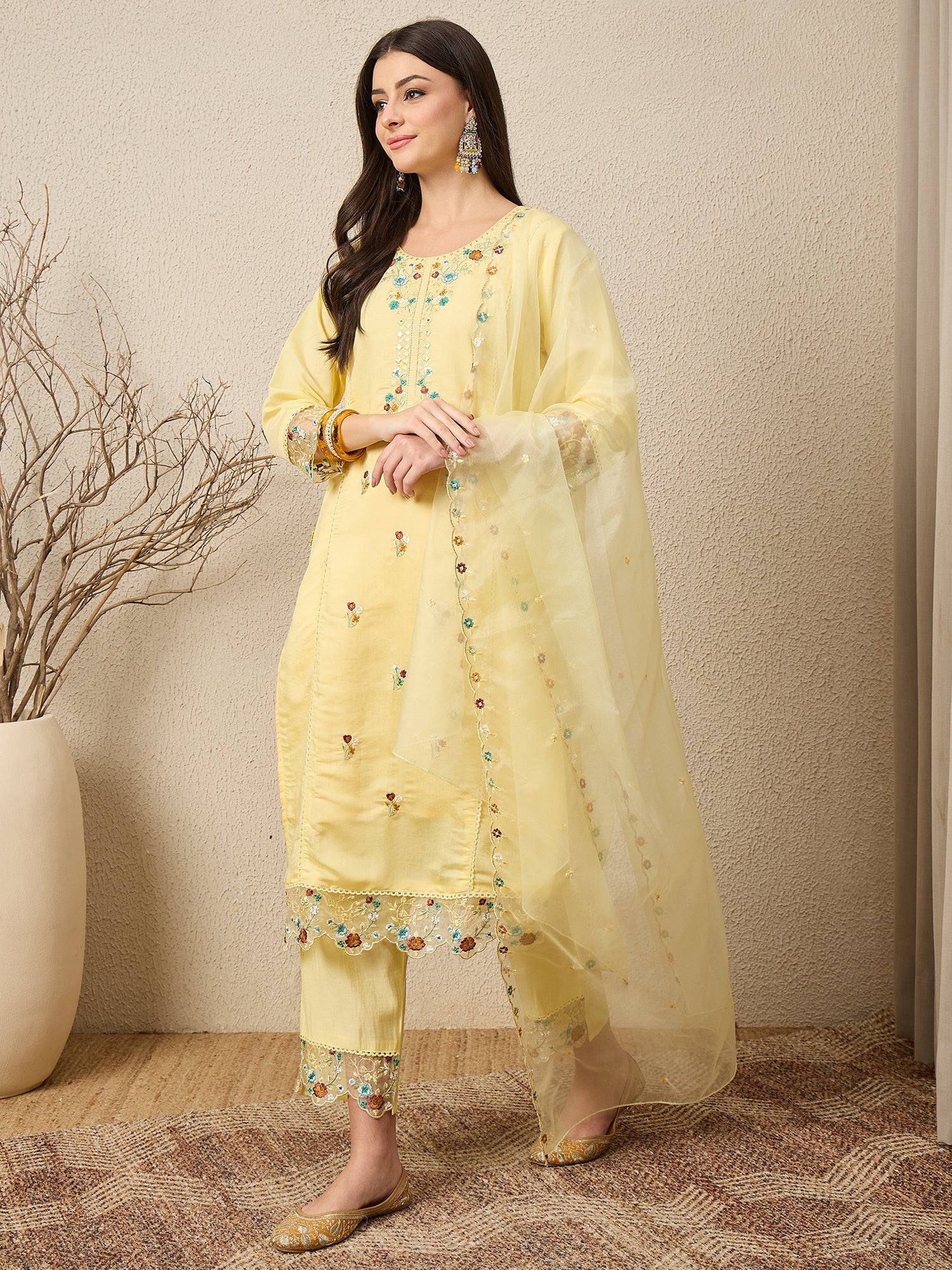 Panetar Yellow Women Silk Blend Kurta and Trousers Pant Set - FitVibe Fashion