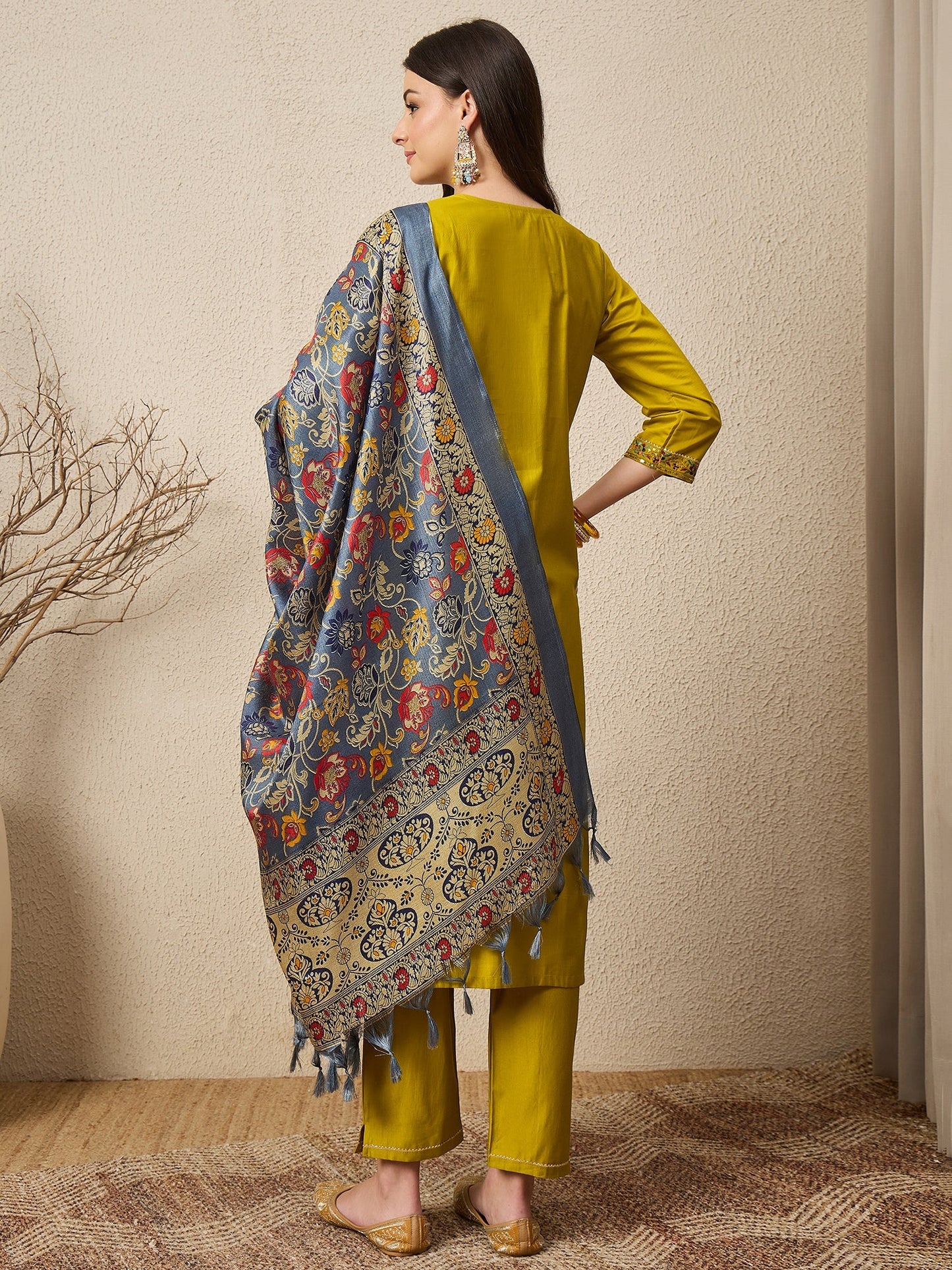 Satrangi Lemon Embroidered Viscose Rayon Straight Suit Set - FitVibe Fashion