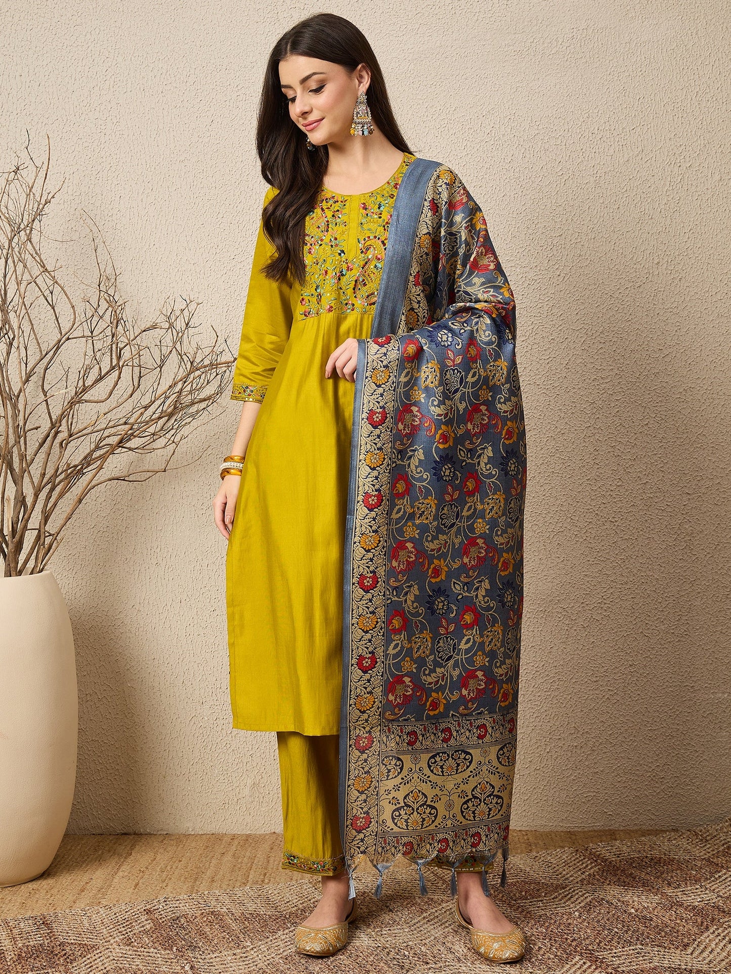 Satrangi Lemon Embroidered Viscose Rayon Straight Suit Set - FitVibe Fashion