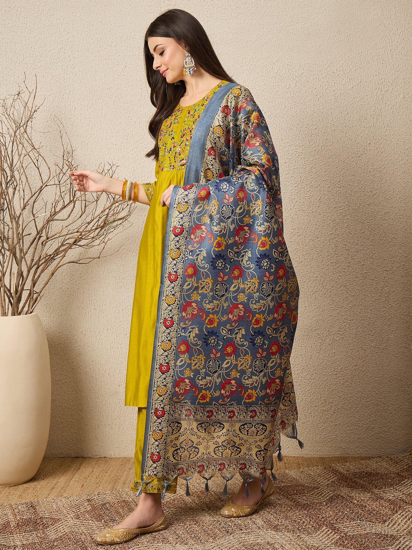 Satrangi Lemon Embroidered Viscose Rayon Straight Suit Set - FitVibe Fashion