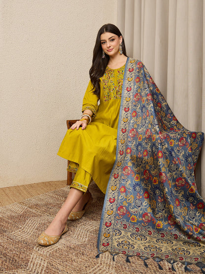 Satrangi Lemon Embroidered Viscose Rayon Straight Suit Set - FitVibe Fashion