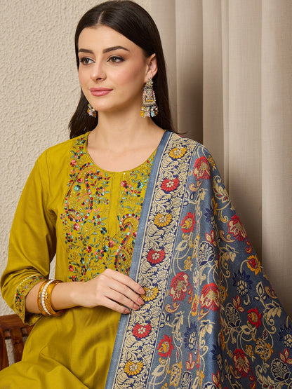 Satrangi Lemon Embroidered Viscose Rayon Straight Suit Set - FitVibe Fashion