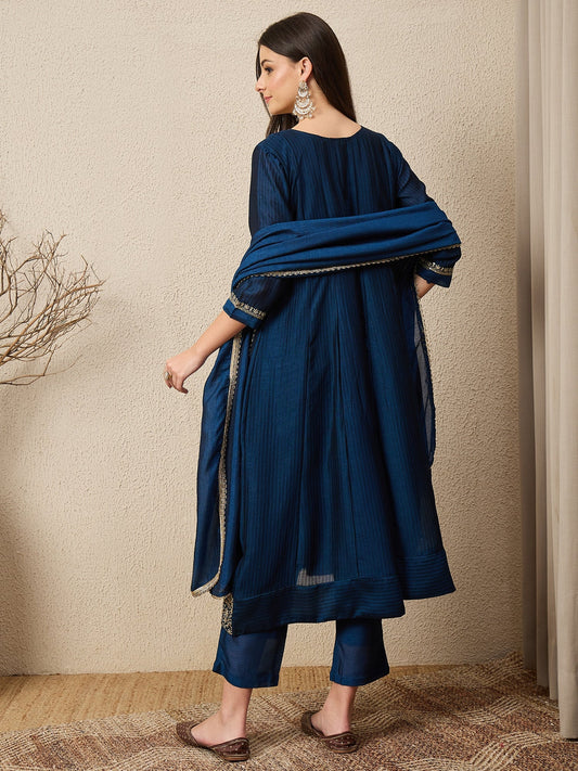 Shagun Teal Embroidered Silk Blend Anarkali Kurta Pant With Dupatta Set - FitVibe Fashion