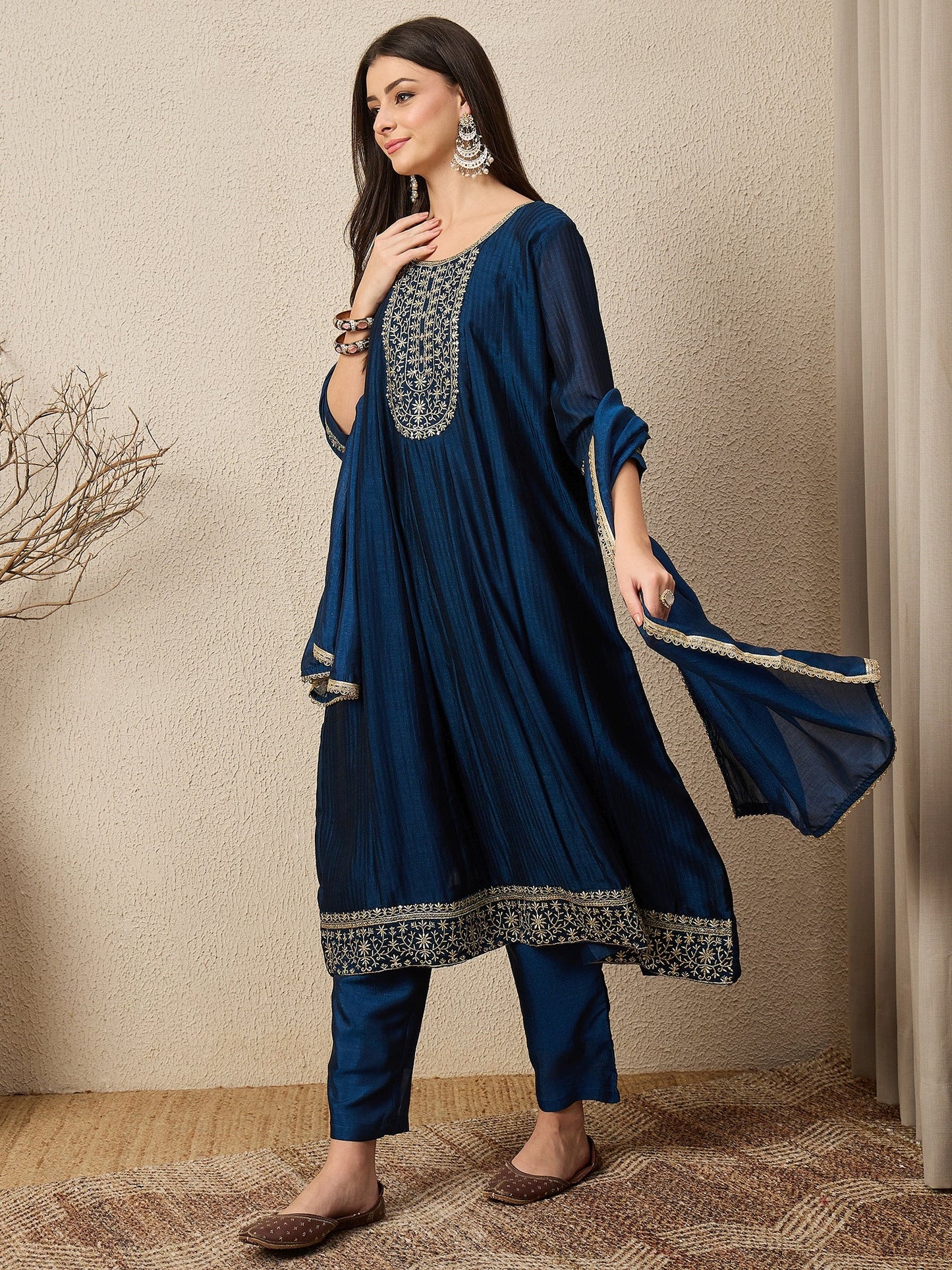 Shagun Teal Embroidered Silk Blend Anarkali Kurta Pant With Dupatta Set - FitVibe Fashion