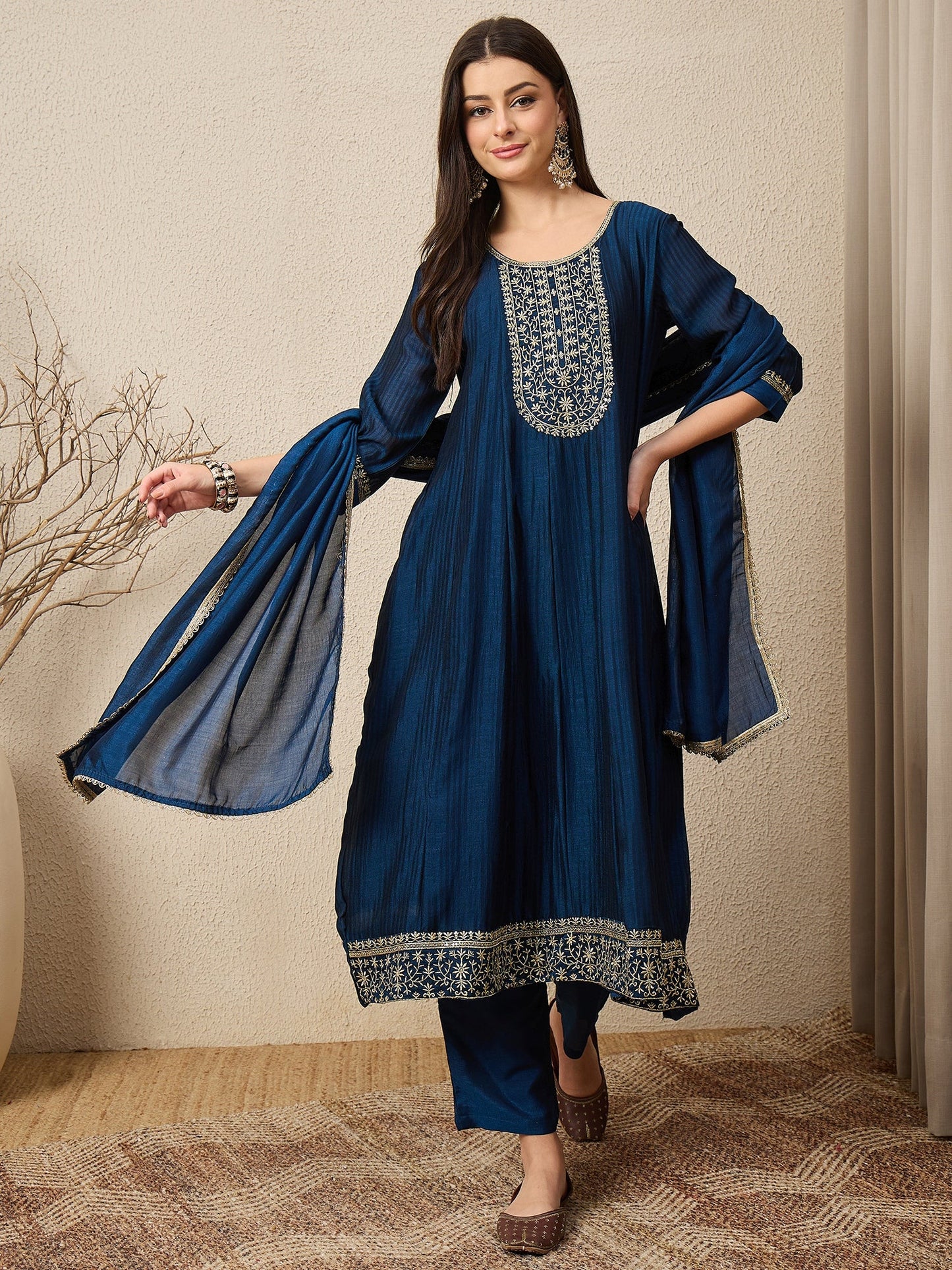 Shagun Teal Embroidered Silk Blend Anarkali Kurta Pant With Dupatta Set - FitVibe Fashion