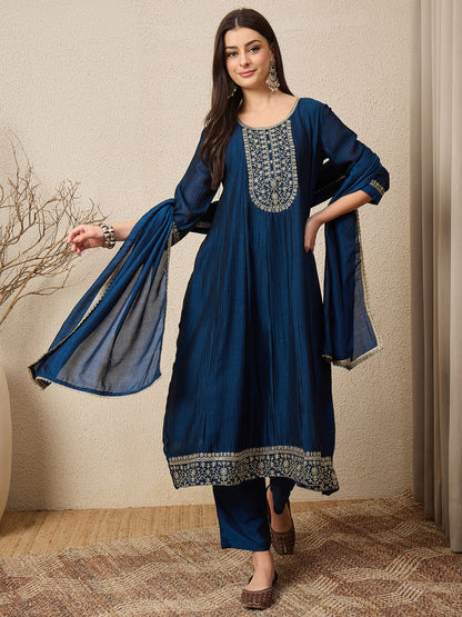 Shagun Teal Embroidered Silk Blend Anarkali Kurta Pant With Dupatta Set - FitVibe Fashion