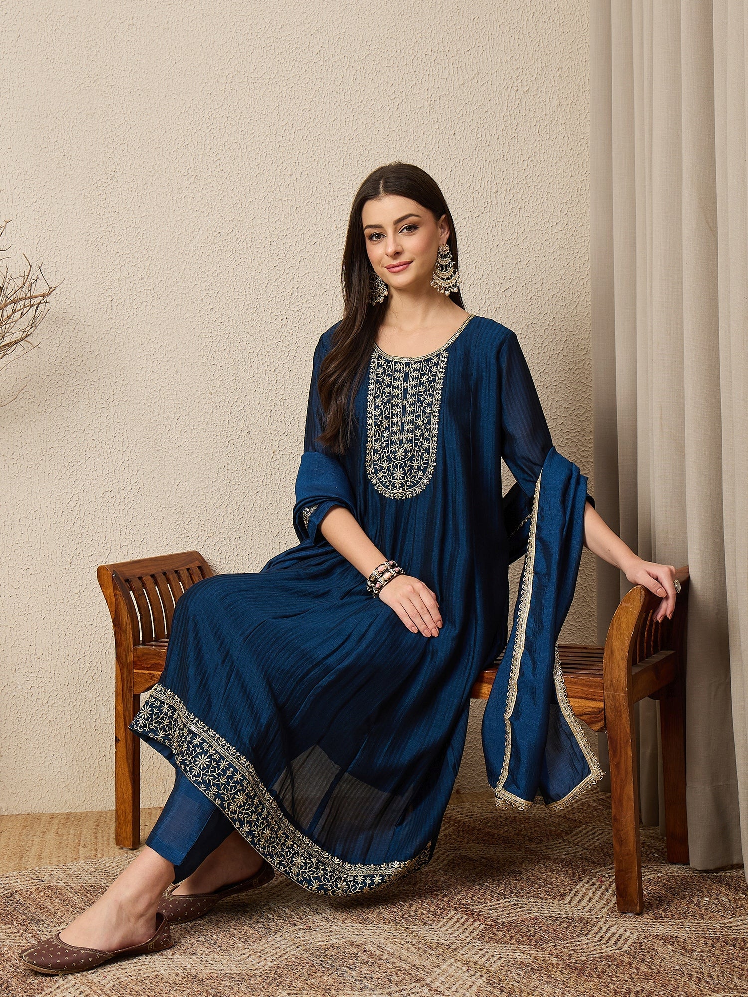 Shagun Teal Embroidered Silk Blend Anarkali Kurta Pant With Dupatta Set - FitVibe Fashion