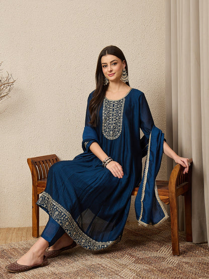 Shagun Teal Embroidered Silk Blend Anarkali Kurta Pant With Dupatta Set - FitVibe Fashion