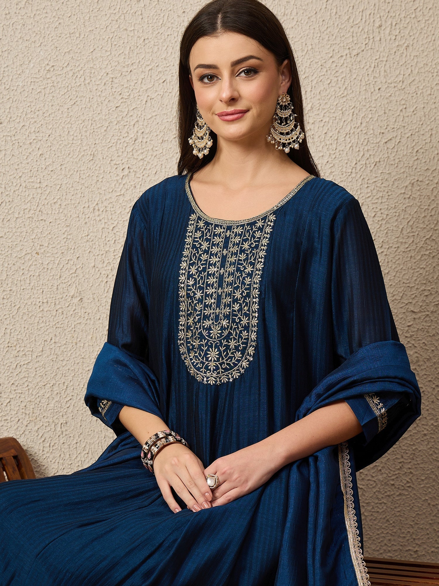 Shagun Teal Embroidered Silk Blend Anarkali Kurta Pant With Dupatta Set - FitVibe Fashion