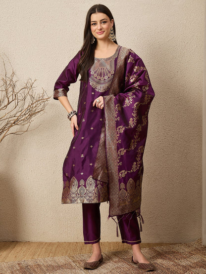 Malika Premium Kurta Set with Bottom and Dupatta Zari Work Comfortable Stylish - FitVibe Fashion