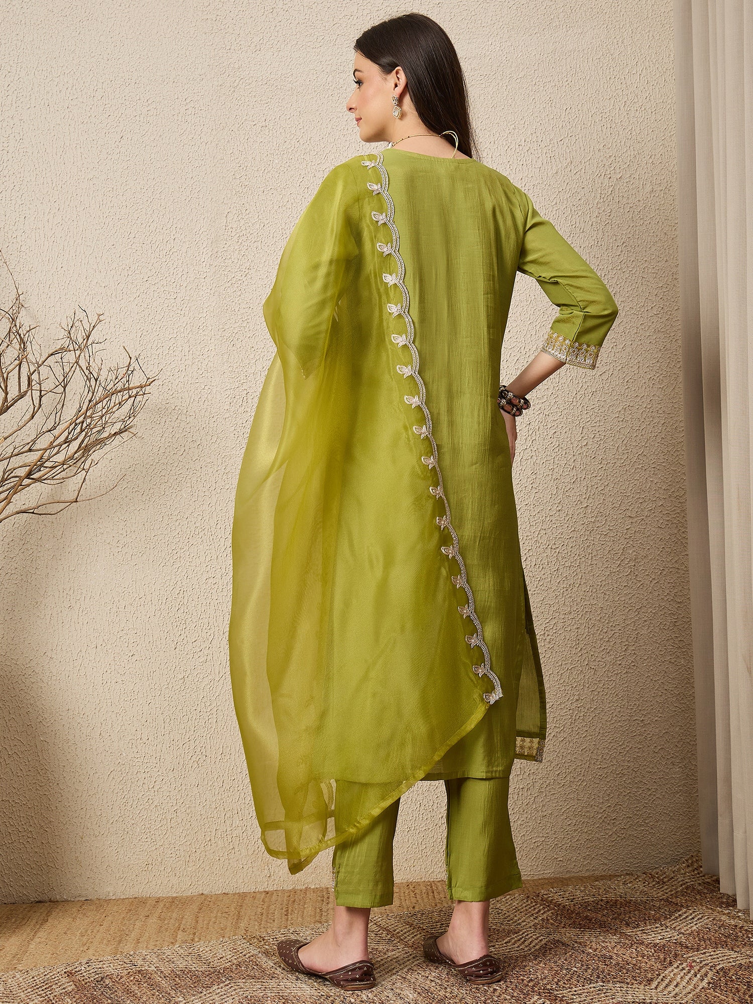 Saheli Pista Silk Blend Calf Length Embroidered Straight Suit Set - FitVibe Fashion