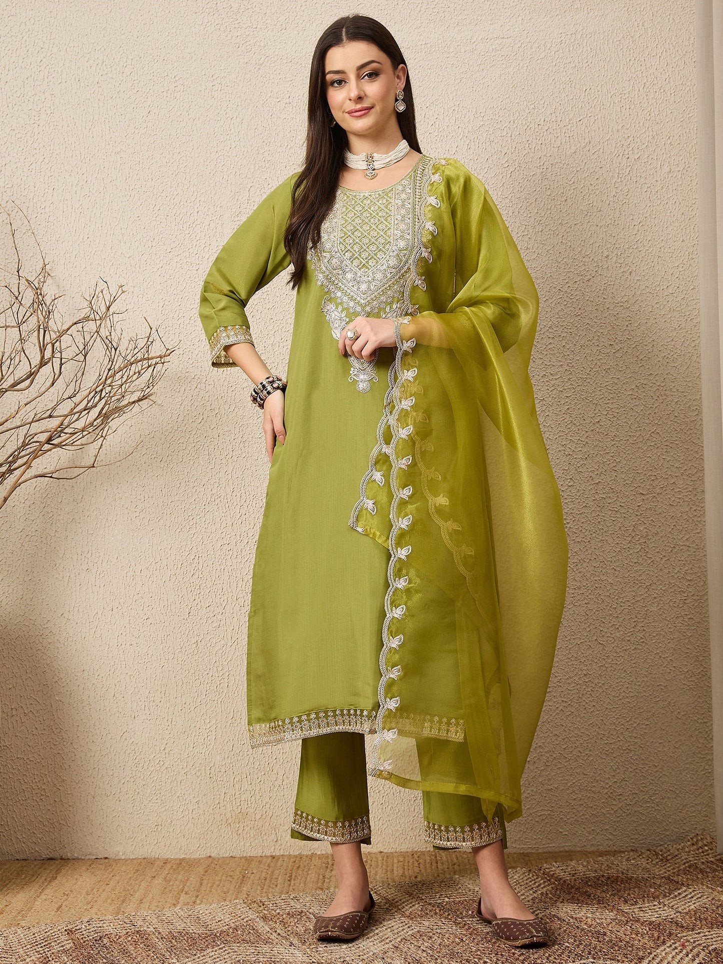 Saheli Pista Silk Blend Calf Length Embroidered Straight Suit Set - FitVibe Fashion