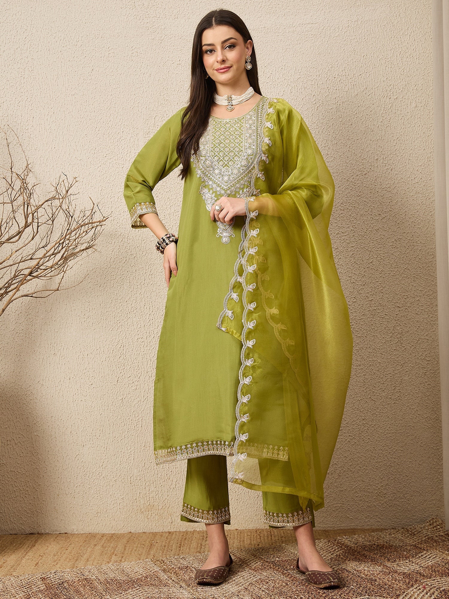 Saheli Pista Silk Blend Calf Length Embroidered Straight Suit Set - FitVibe Fashion