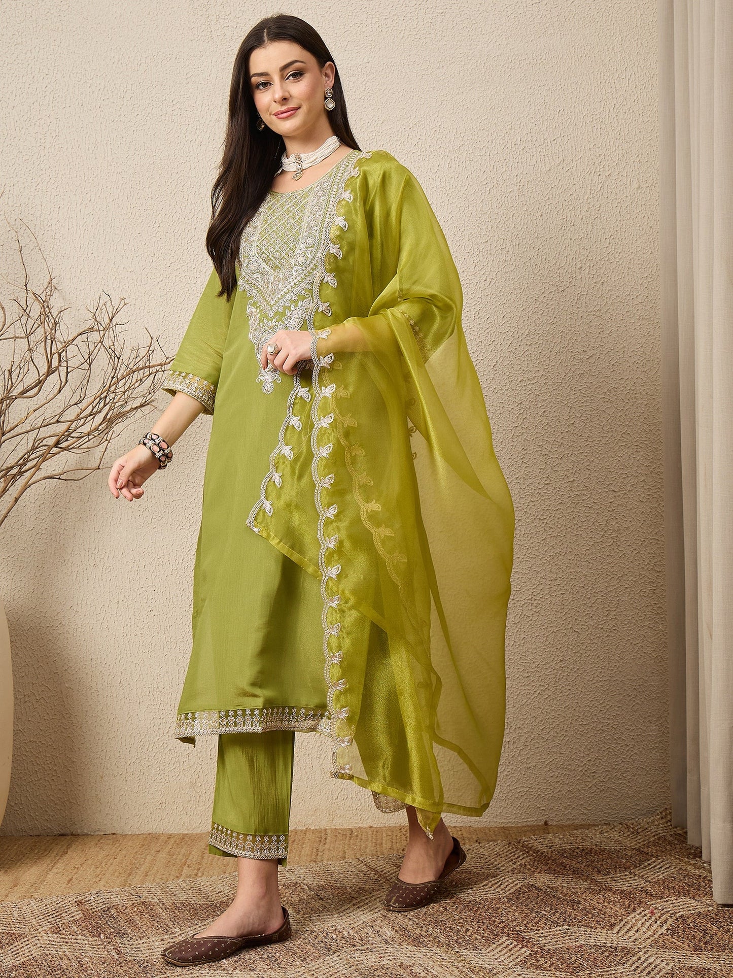 Saheli Pista Silk Blend Calf Length Embroidered Straight Suit Set - FitVibe Fashion