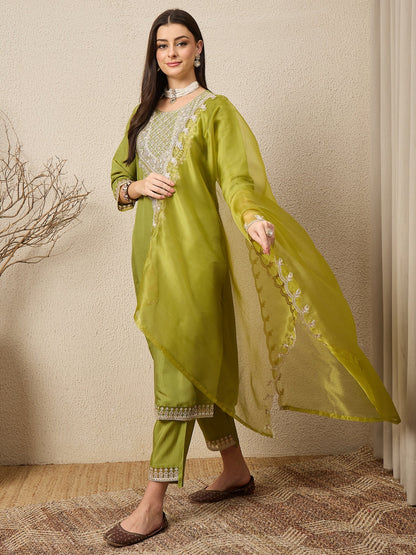 Saheli Pista Silk Blend Calf Length Embroidered Straight Suit Set - FitVibe Fashion