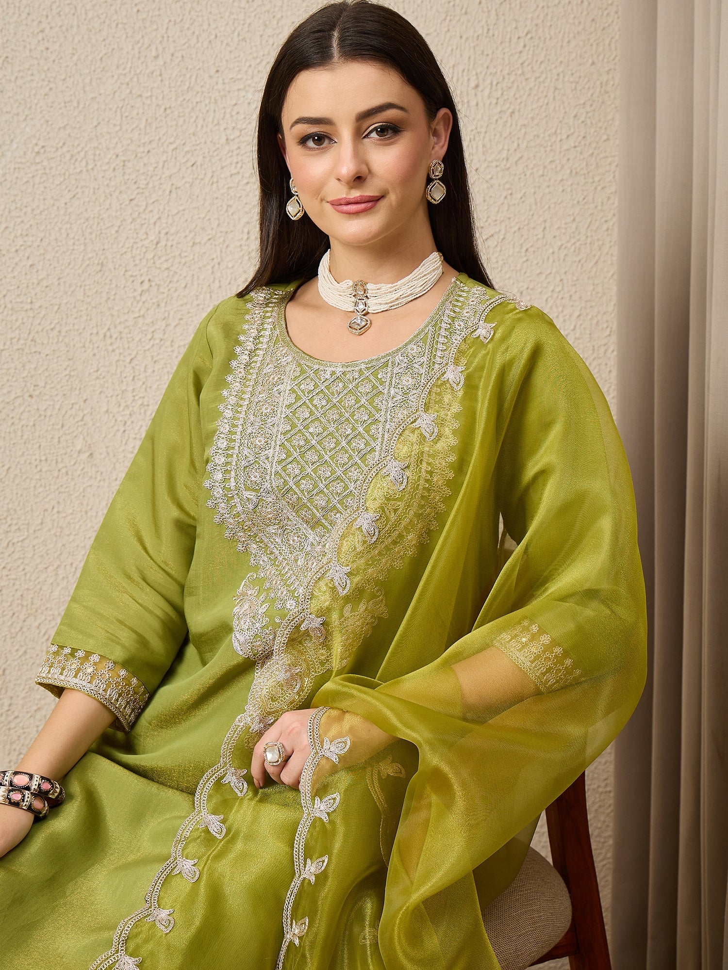 Saheli Pista Silk Blend Calf Length Embroidered Straight Suit Set - FitVibe Fashion