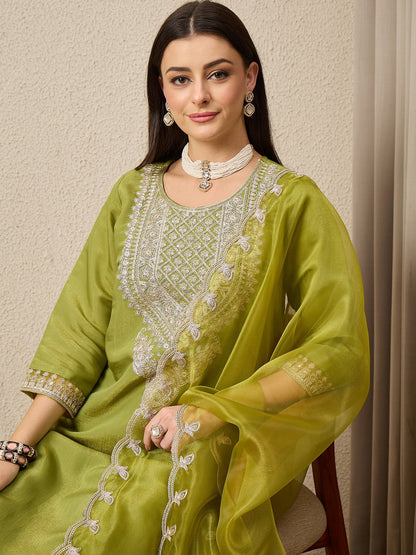 Saheli Pista Silk Blend Calf Length Embroidered Straight Suit Set - FitVibe Fashion