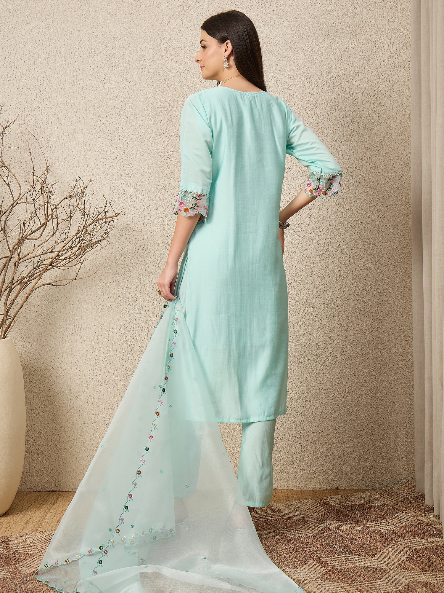 Rajvadi Sea-green Women Silk Blend Kurta and Trousers Pant Set - FitVibe Fashion