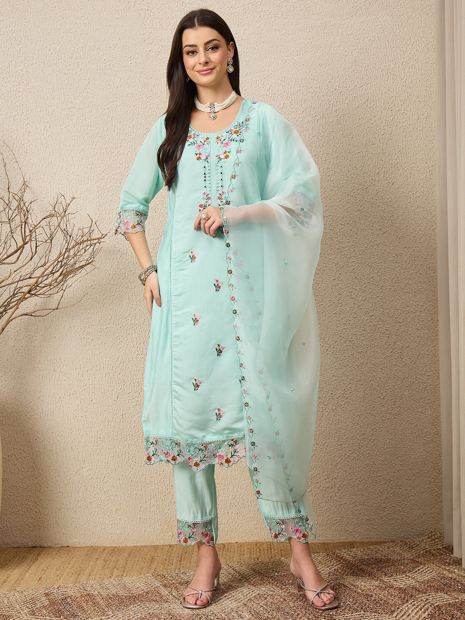 Rajvadi Sea-green Women Silk Blend Kurta and Trousers Pant Set - FitVibe Fashion