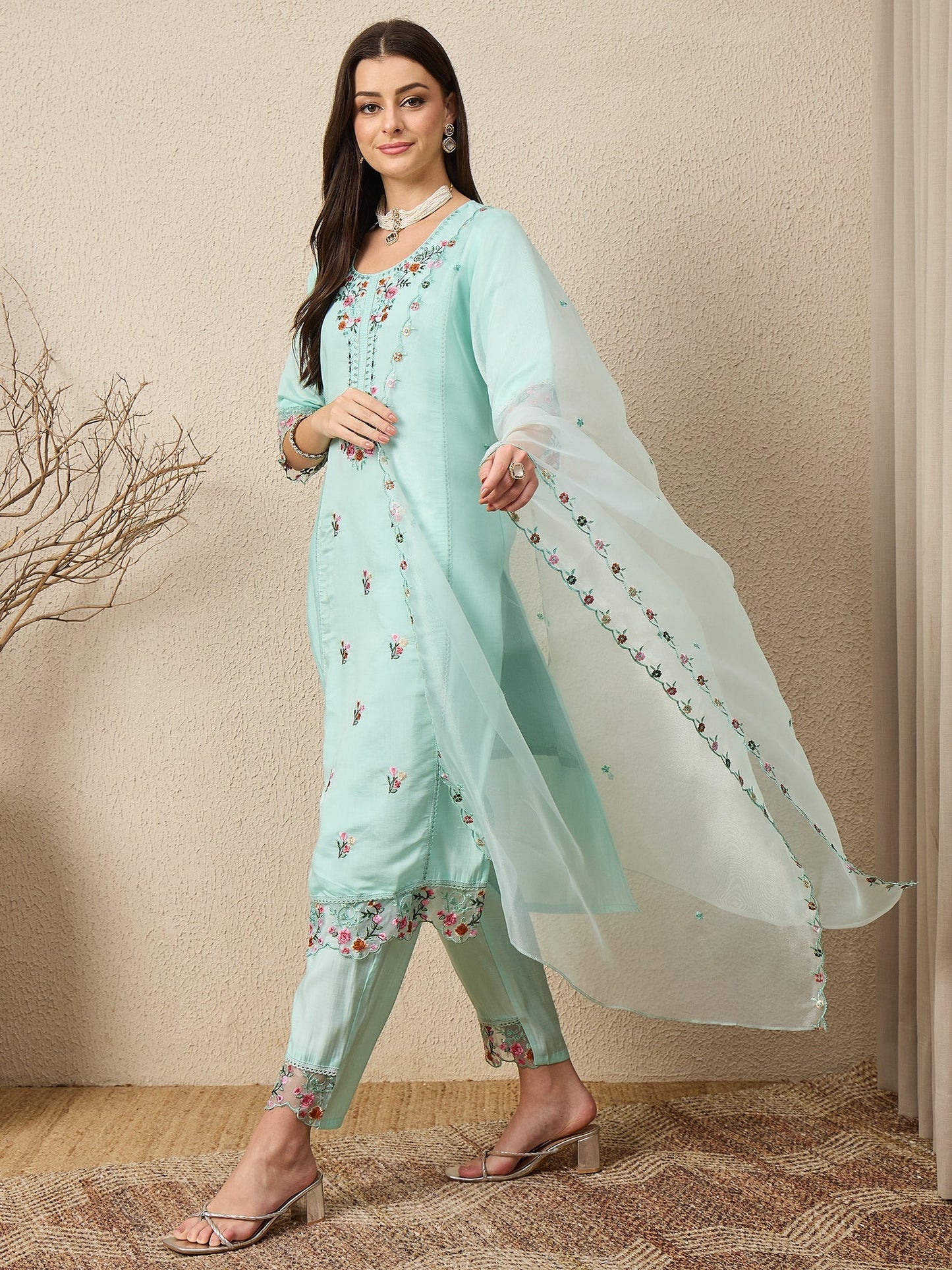 Rajvadi Sea-green Women Silk Blend Kurta and Trousers Pant Set - FitVibe Fashion