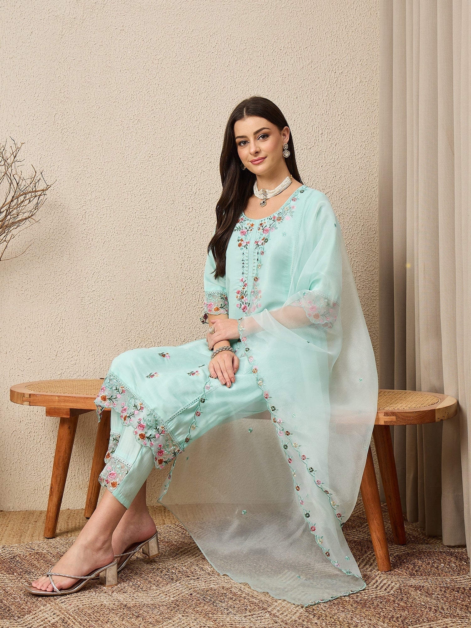 Rajvadi Sea-green Women Silk Blend Kurta and Trousers Pant Set - FitVibe Fashion