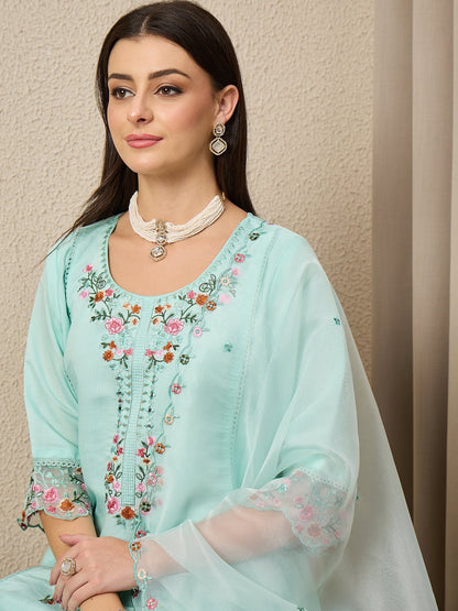 Rajvadi Sea-green Women Silk Blend Kurta and Trousers Pant Set - FitVibe Fashion