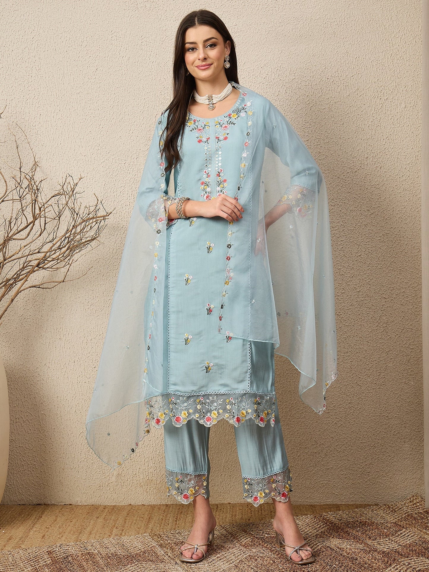 Noor-e-Nazaara Sky Women Silk Blend Kurta and Trousers Pant Set - FitVibe Fashion