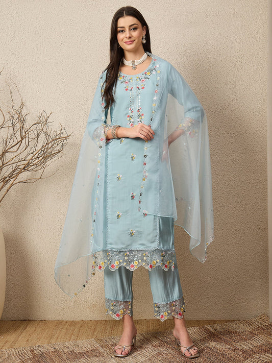 Noor-e-Nazaara Sky Women Silk Blend Kurta and Trousers Pant Set - FitVibe Fashion