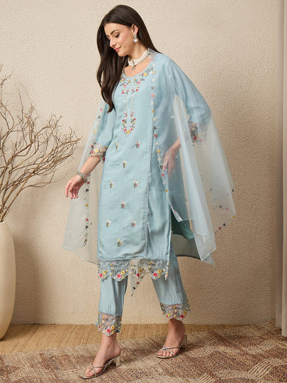 Noor-e-Nazaara Sky Women Silk Blend Kurta and Trousers Pant Set - FitVibe Fashion