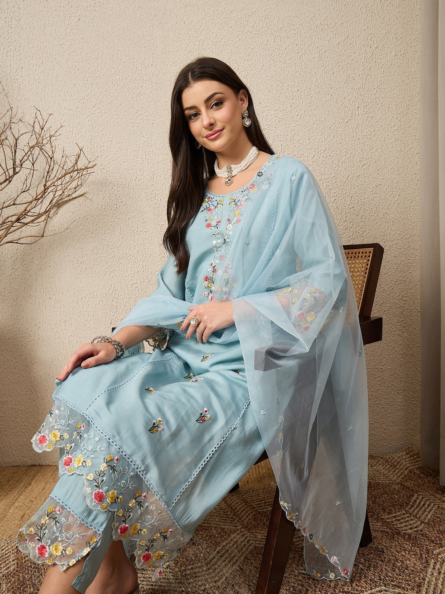 Noor-e-Nazaara Sky Women Silk Blend Kurta and Trousers Pant Set - FitVibe Fashion
