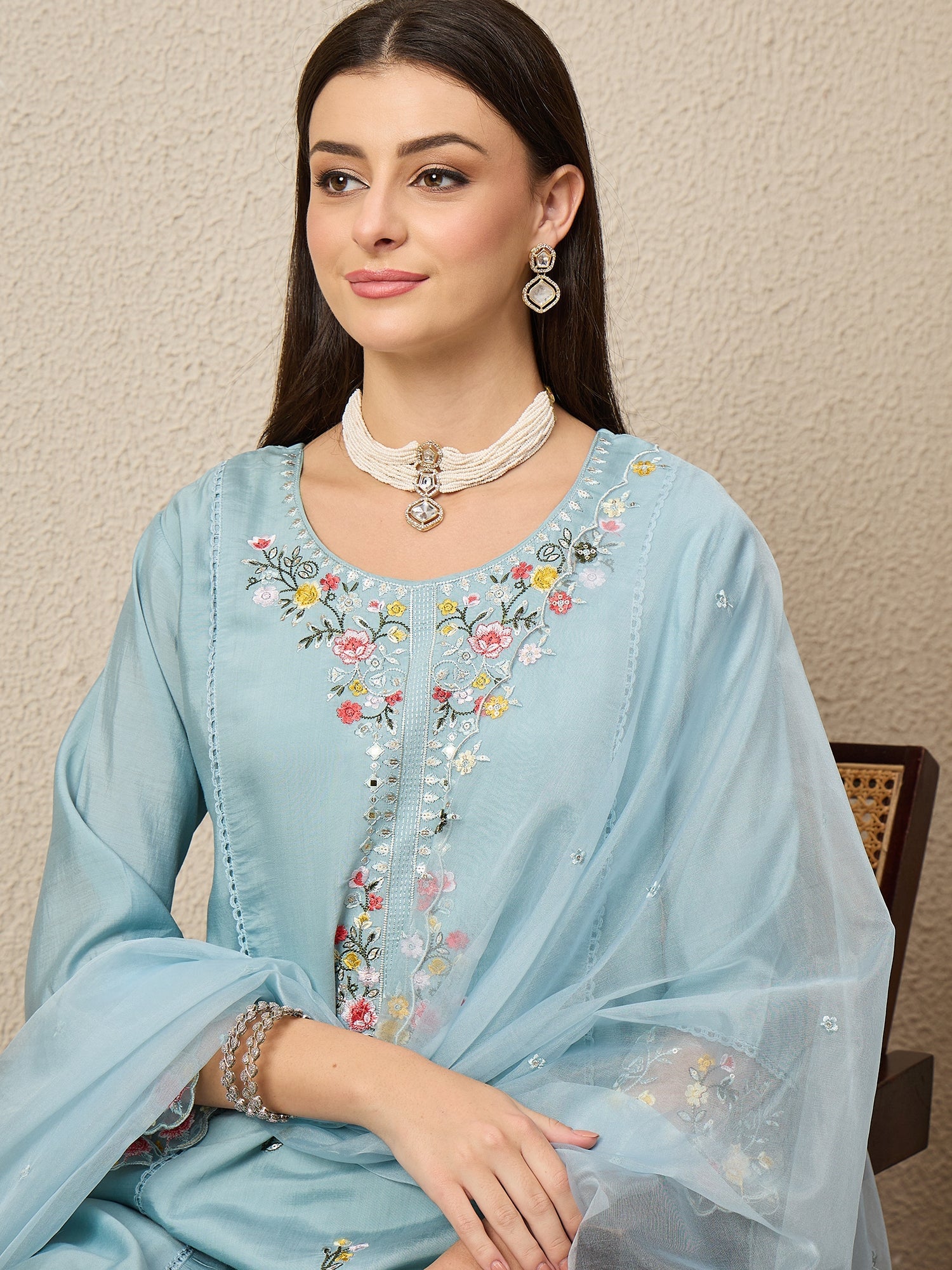 Noor-e-Nazaara Sky Women Silk Blend Kurta and Trousers Pant Set - FitVibe Fashion