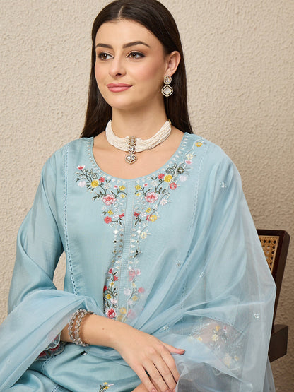 Noor-e-Nazaara Sky Women Silk Blend Kurta and Trousers Pant Set - FitVibe Fashion