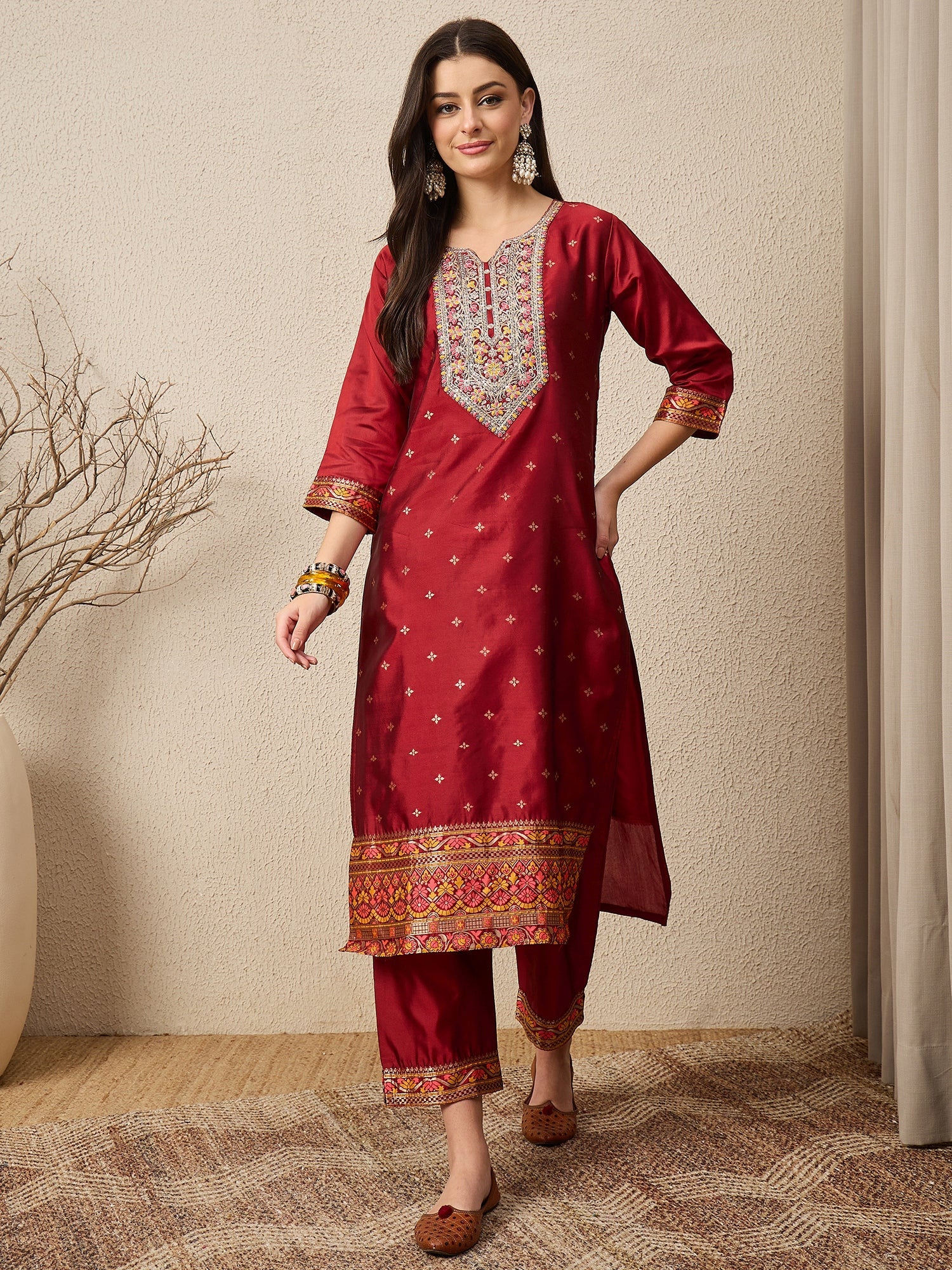 Kahani Women Maroon Yoke Design Silk Blend Straight Suit With Dupatta - FitVibe Fashion