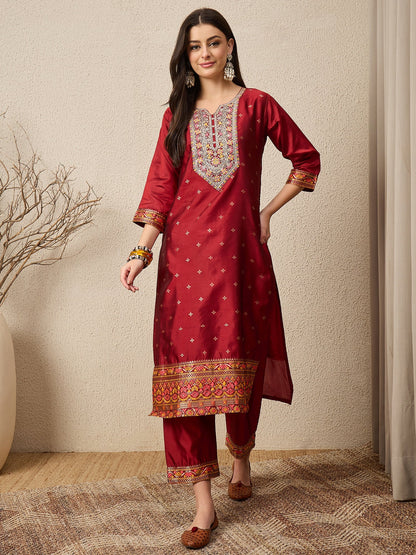 Kahani Women Maroon Yoke Design Silk Blend Straight Suit With Dupatta - FitVibe Fashion