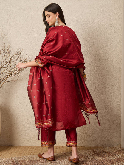 Kahani Women Maroon Yoke Design Silk Blend Straight Suit With Dupatta - FitVibe Fashion