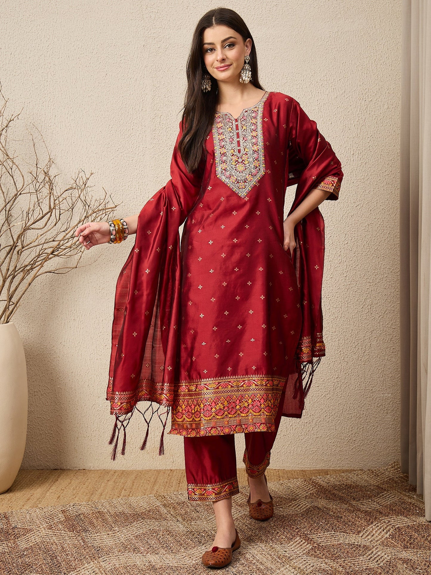 Kahani Women Maroon Yoke Design Silk Blend Straight Suit With Dupatta - FitVibe Fashion