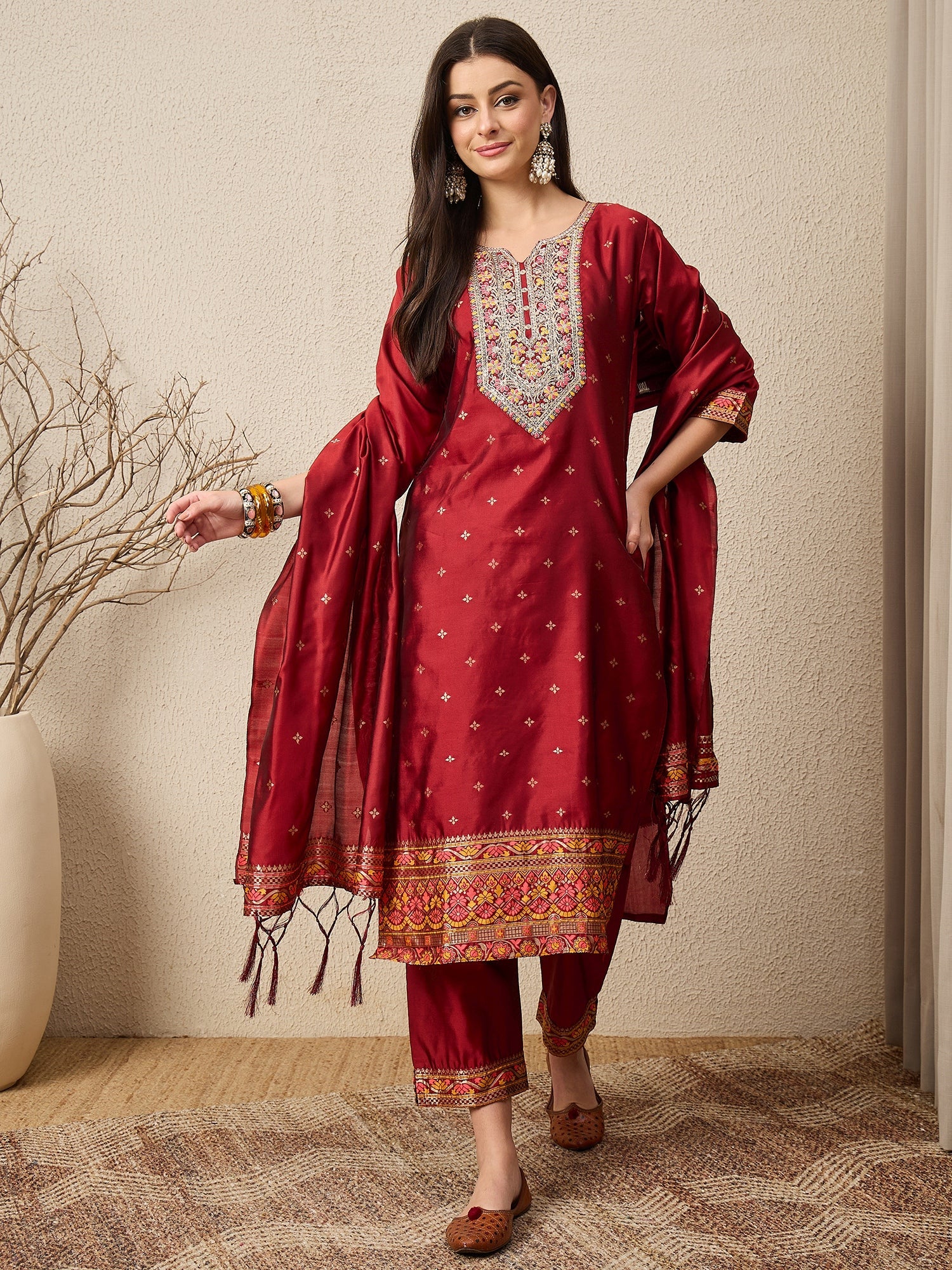 Kahani Women Maroon Yoke Design Silk Blend Straight Suit With Dupatta - FitVibe Fashion