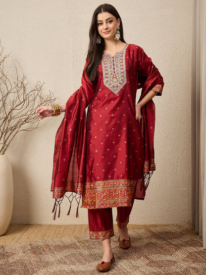 Kahani Women Maroon Yoke Design Silk Blend Straight Suit With Dupatta - FitVibe Fashion