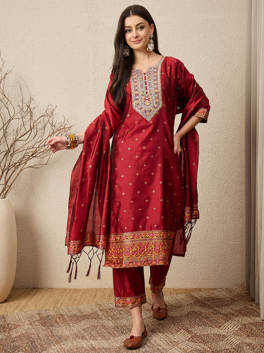 Kahani Women Maroon Yoke Design Silk Blend Straight Suit With Dupatta - FitVibe Fashion