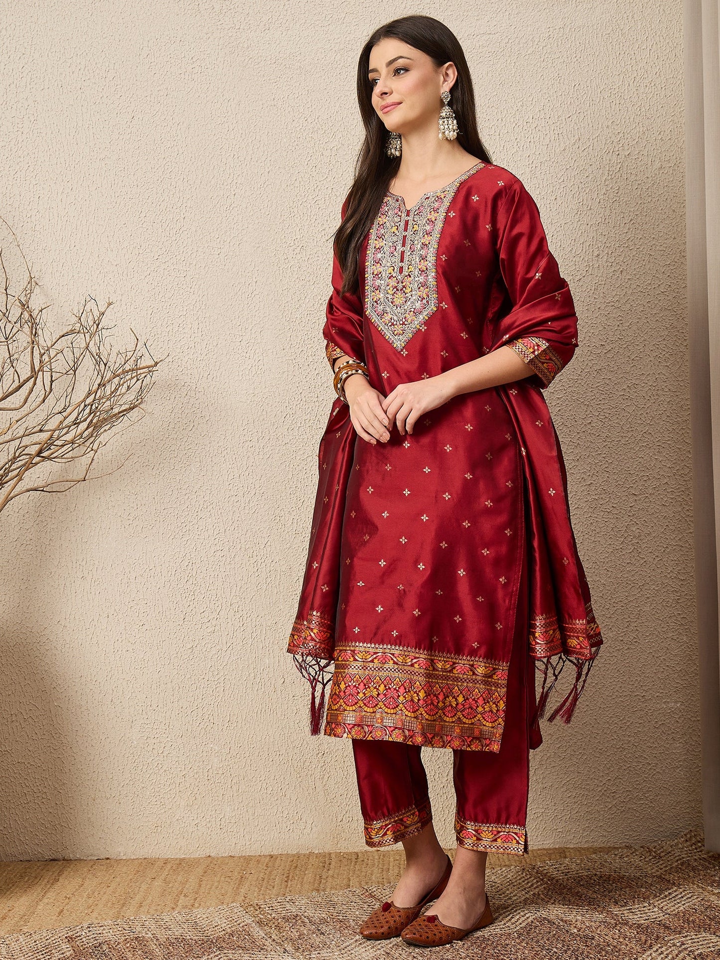 Kahani Women Maroon Yoke Design Silk Blend Straight Suit With Dupatta - FitVibe Fashion