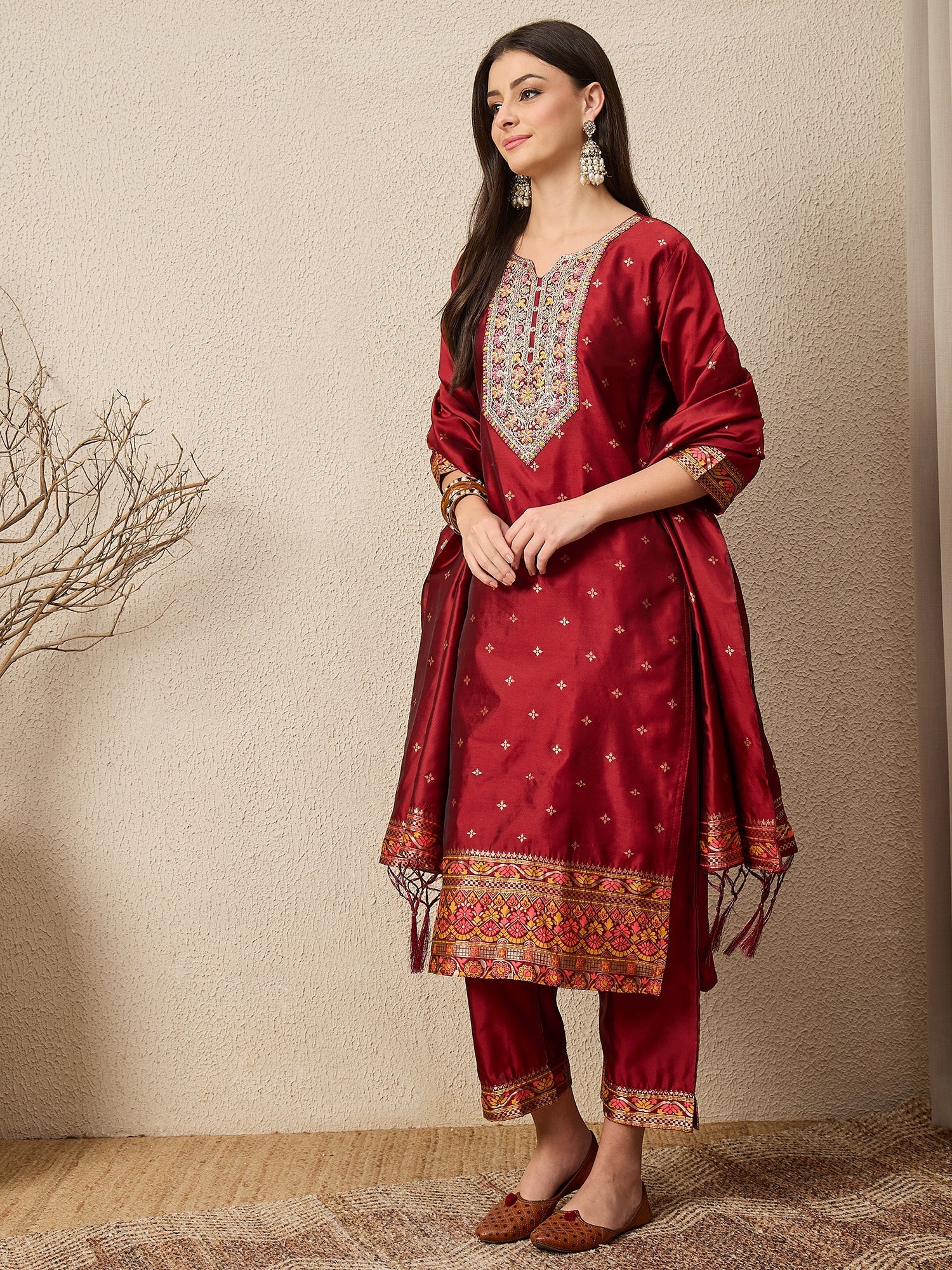 Kahani Women Maroon Yoke Design Silk Blend Straight Suit With Dupatta - FitVibe Fashion