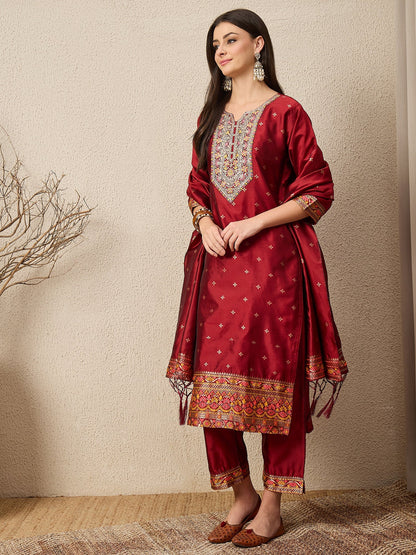 Kahani Women Maroon Yoke Design Silk Blend Straight Suit With Dupatta - FitVibe Fashion
