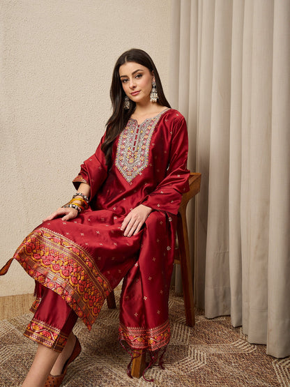 Kahani Women Maroon Yoke Design Silk Blend Straight Suit With Dupatta - FitVibe Fashion