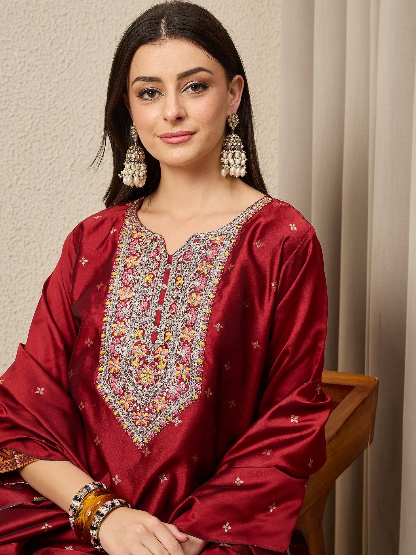 Kahani Women Maroon Yoke Design Silk Blend Straight Suit With Dupatta - FitVibe Fashion