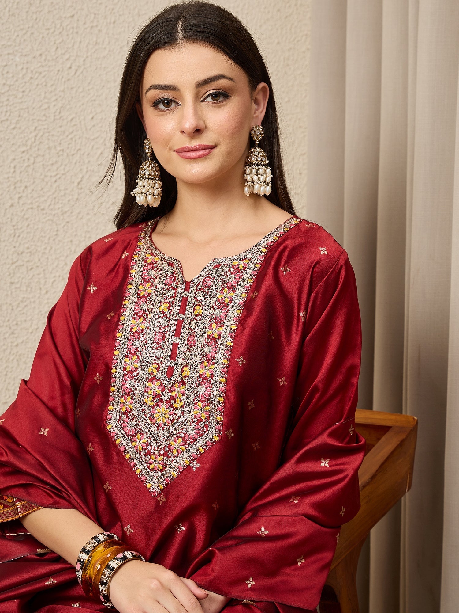 Kahani Women Maroon Yoke Design Silk Blend Straight Suit With Dupatta - FitVibe Fashion