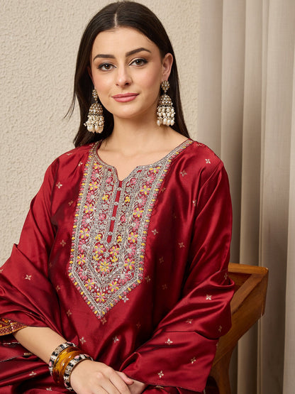 Kahani Women Maroon Yoke Design Silk Blend Straight Suit With Dupatta - FitVibe Fashion