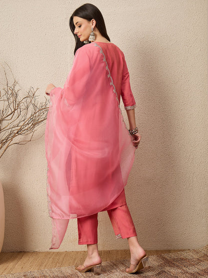 Saanwari Peach Silk Blend Calf Length Embroidered Straight Suit Set - FitVibe Fashion