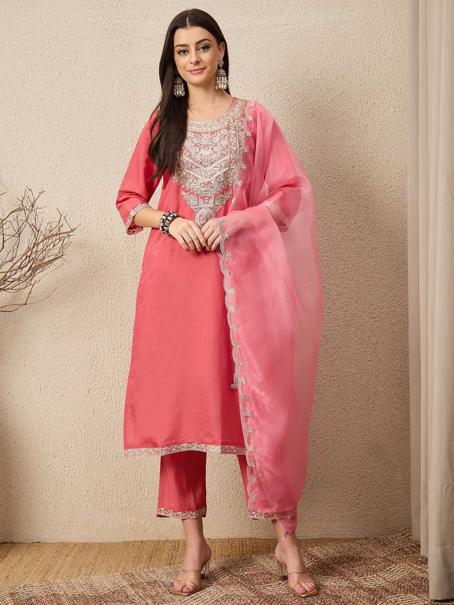 Saanwari Peach Silk Blend Calf Length Embroidered Straight Suit Set - FitVibe Fashion