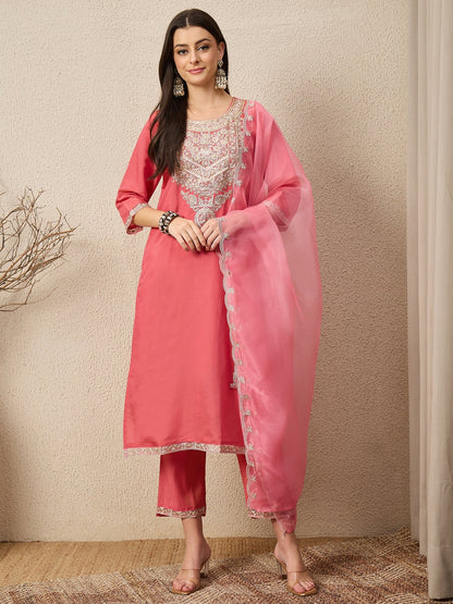 Saanwari Peach Silk Blend Calf Length Embroidered Straight Suit Set - FitVibe Fashion