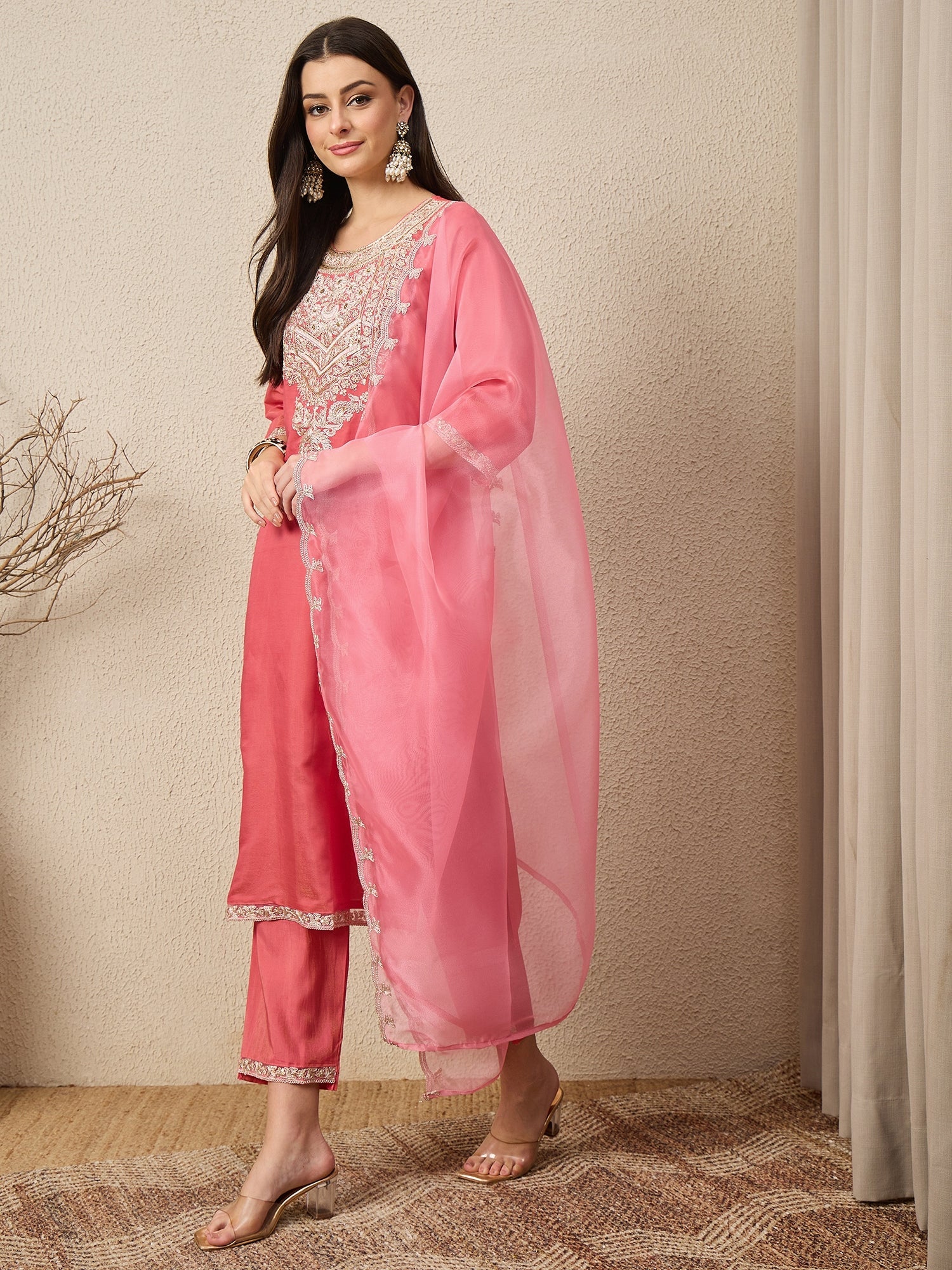 Saanwari Peach Silk Blend Calf Length Embroidered Straight Suit Set - FitVibe Fashion